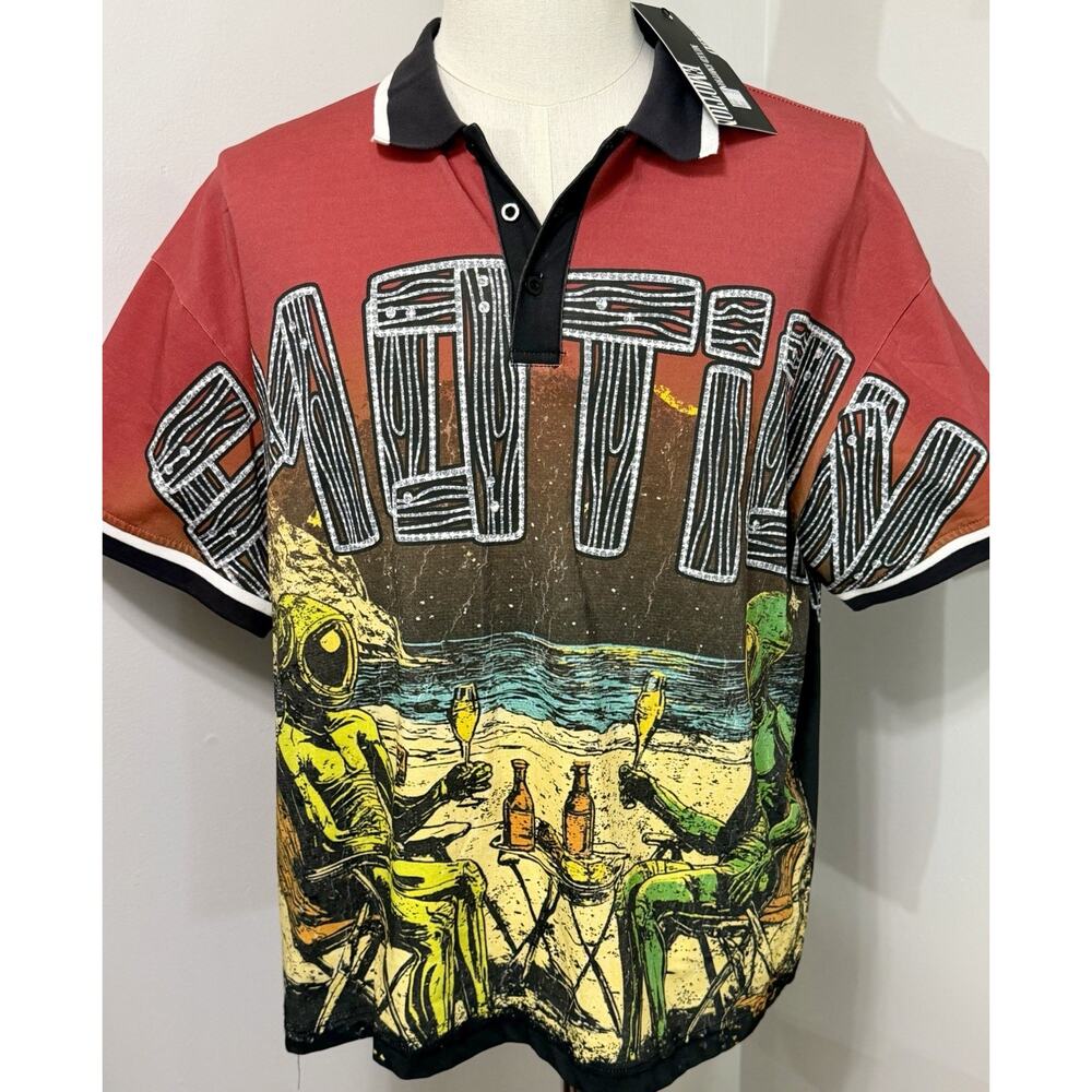 New MIXED EMOTIONS POLO RED PARADISE BUTTON UP Art Streetwear Shirt Size Medium